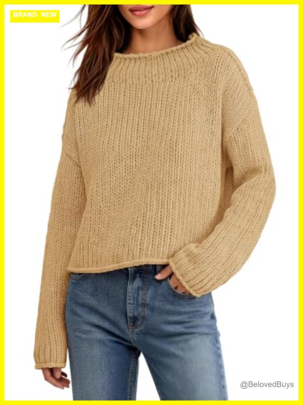 Chunky Knit Mock Neck Cropped Sweater Oversized Pullover